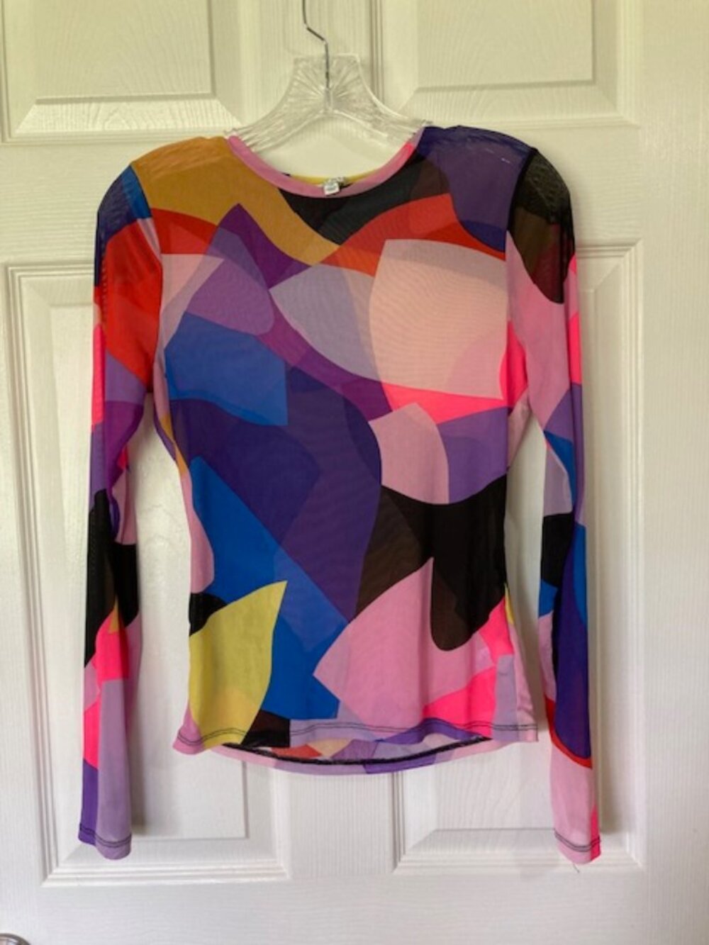 AFRM Kaylee Sheer Mesh LS Top L Vibrant Abstract Geometric Colorblock Artsy